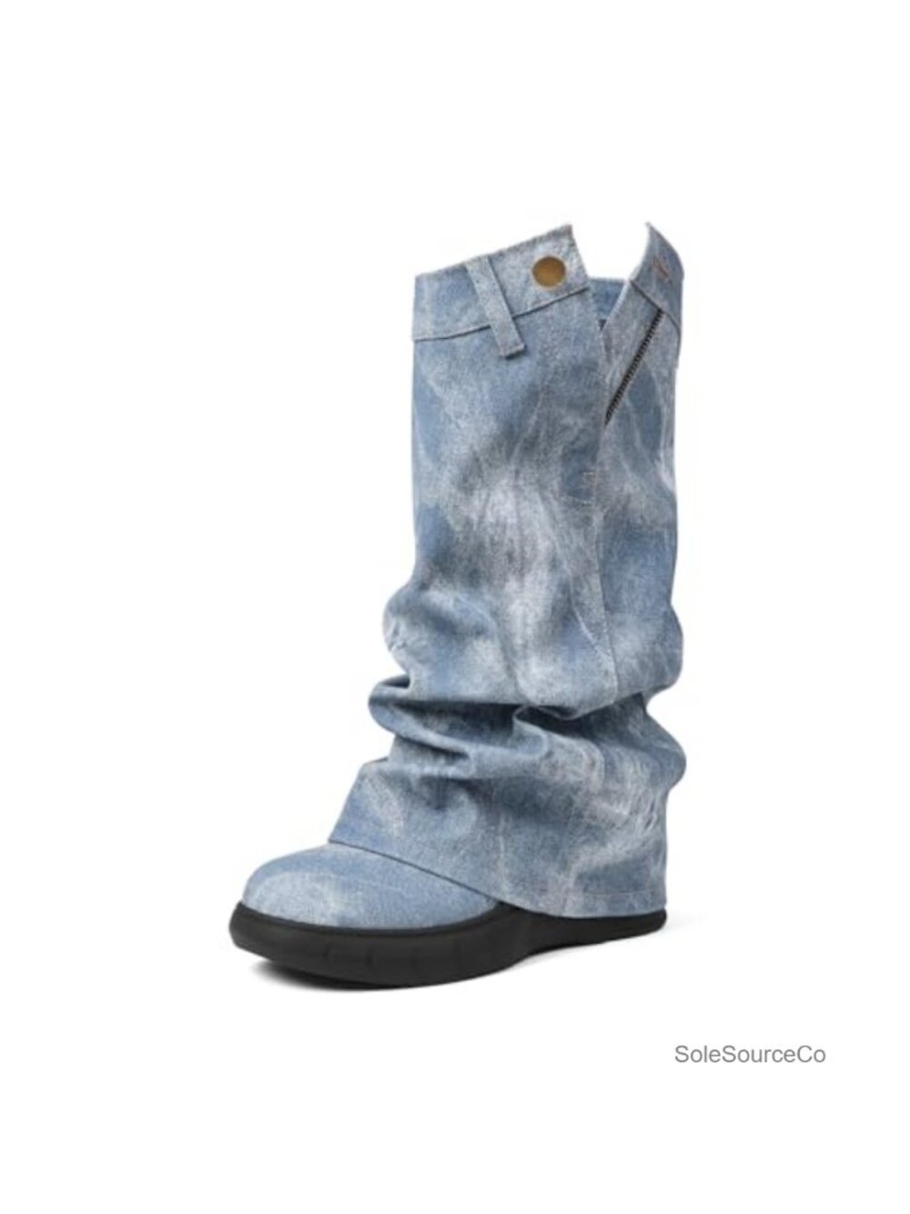 PU Mid-Calf Fold Over Platform Wedge Boots Round Toe Slouchy
